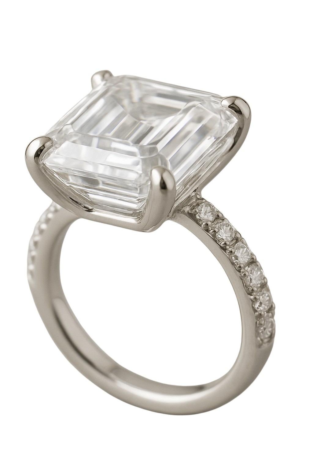 A breathtaking 8.02-carat emerald-cut diamond takes center stage in this exquisite ring, combining timeless elegance with powerful presence. Certified by GIA as H color and VS2 clarity, this rare diamond exhibits the highest color grade on the scale