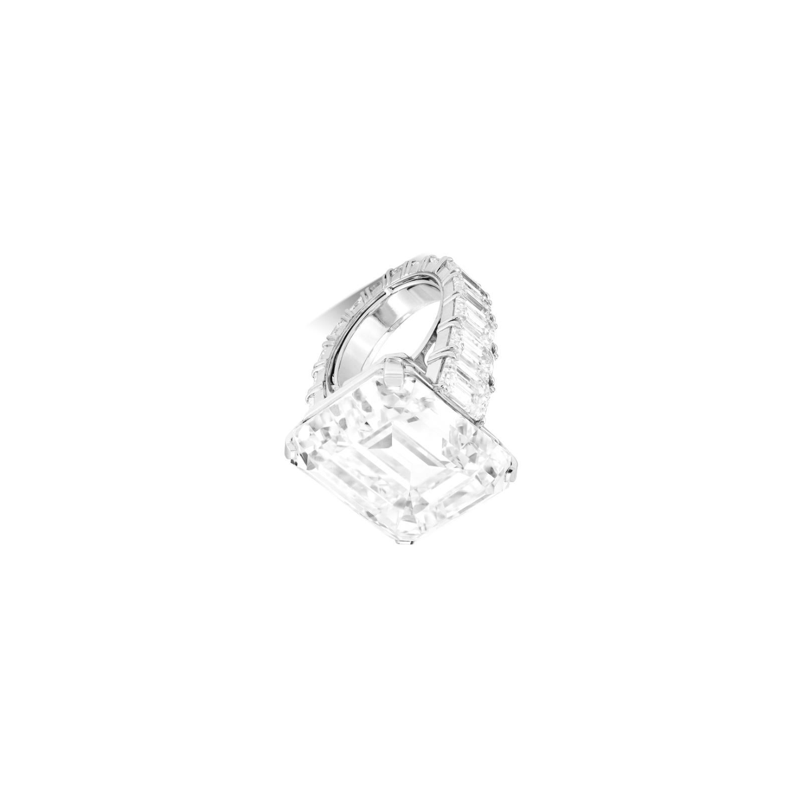 Contemporary GIA Certified 8.03 Carat Emerald Cut Diamond E Color VVS2 Clarity Platinum Ring For Sale