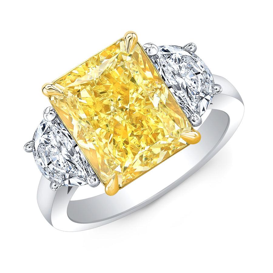 Modern GIA Certified 8 Carat Fancy Yellow Cushion Cut with Half Moons Diamond Ring For Sale