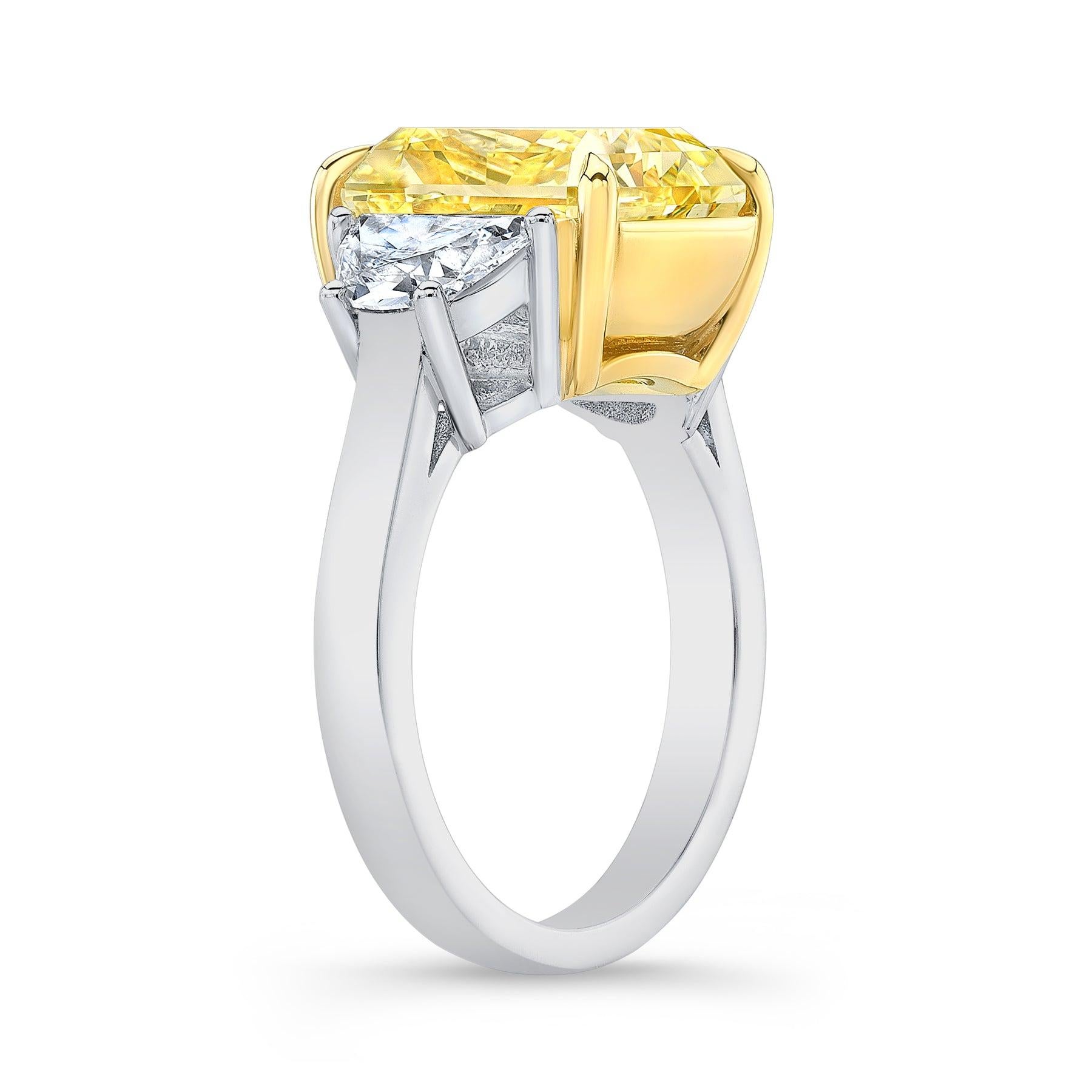 GIA Certified 8 Carat Fancy Yellow Cushion Cut with Half Moons Diamond Ring In New Condition For Sale In Mumbai, IN