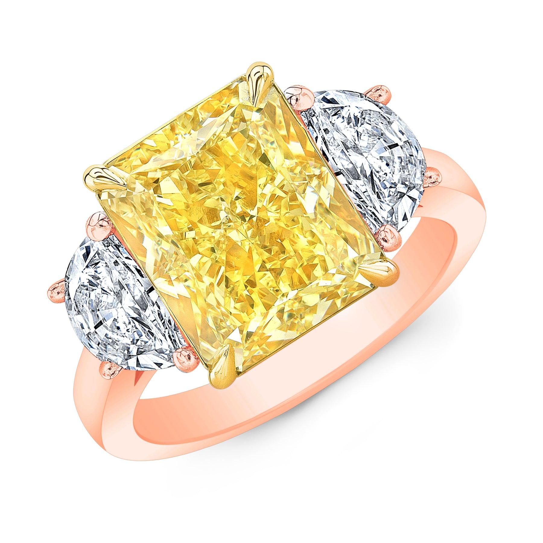 GIA Certified 8 Carat Fancy Yellow Cushion Cut with Half Moons Diamond Ring For Sale 4
