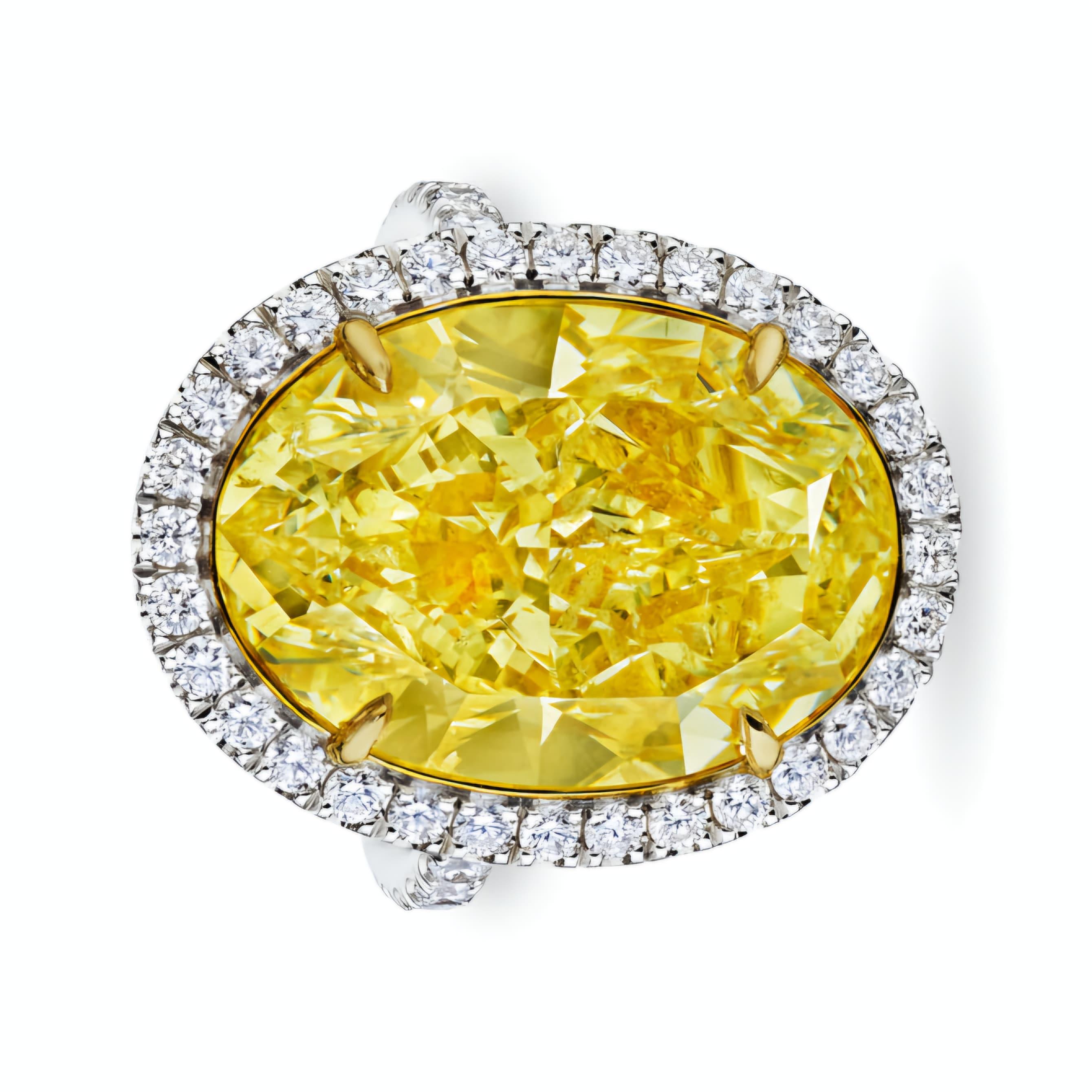 GIA Certified 8 Carat Fancy Yellow Oval Cut Diamond Halo Ring For Sale 1