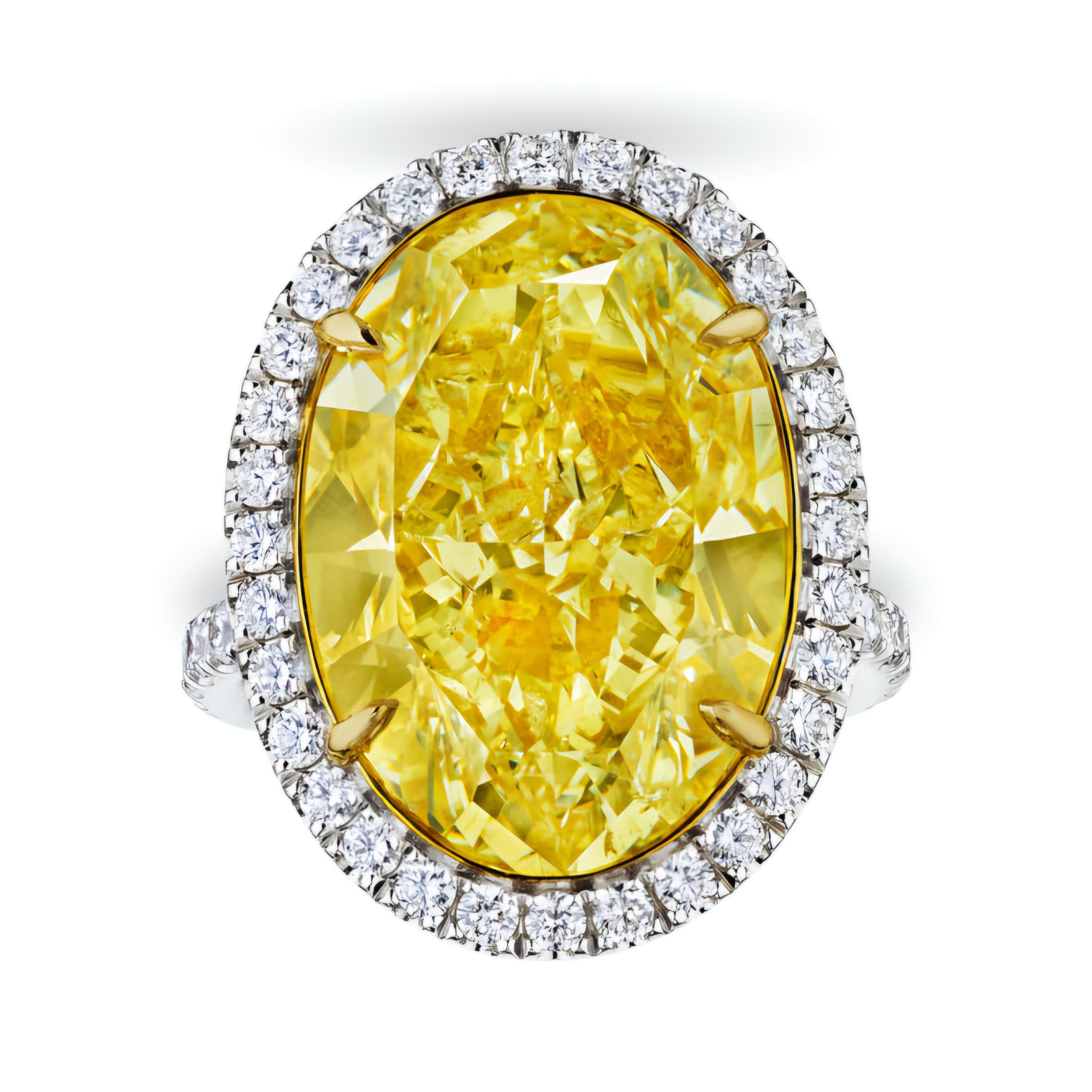 GIA Certified 8 Carat Fancy Yellow Oval Cut Diamond Halo Ring For Sale 2