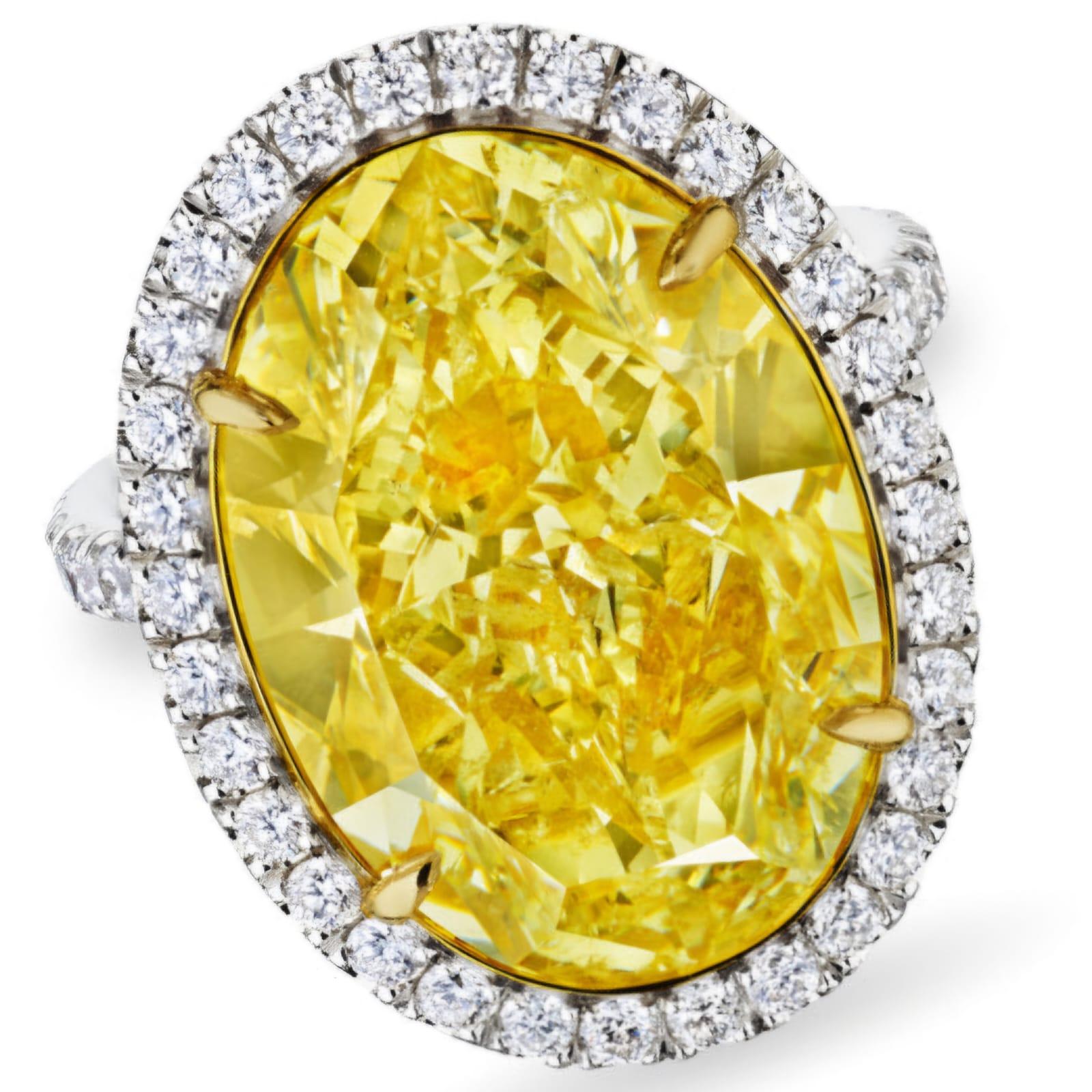 GIA Certified 8 Carat Fancy Yellow Oval Cut Diamond Halo Ring For Sale 3