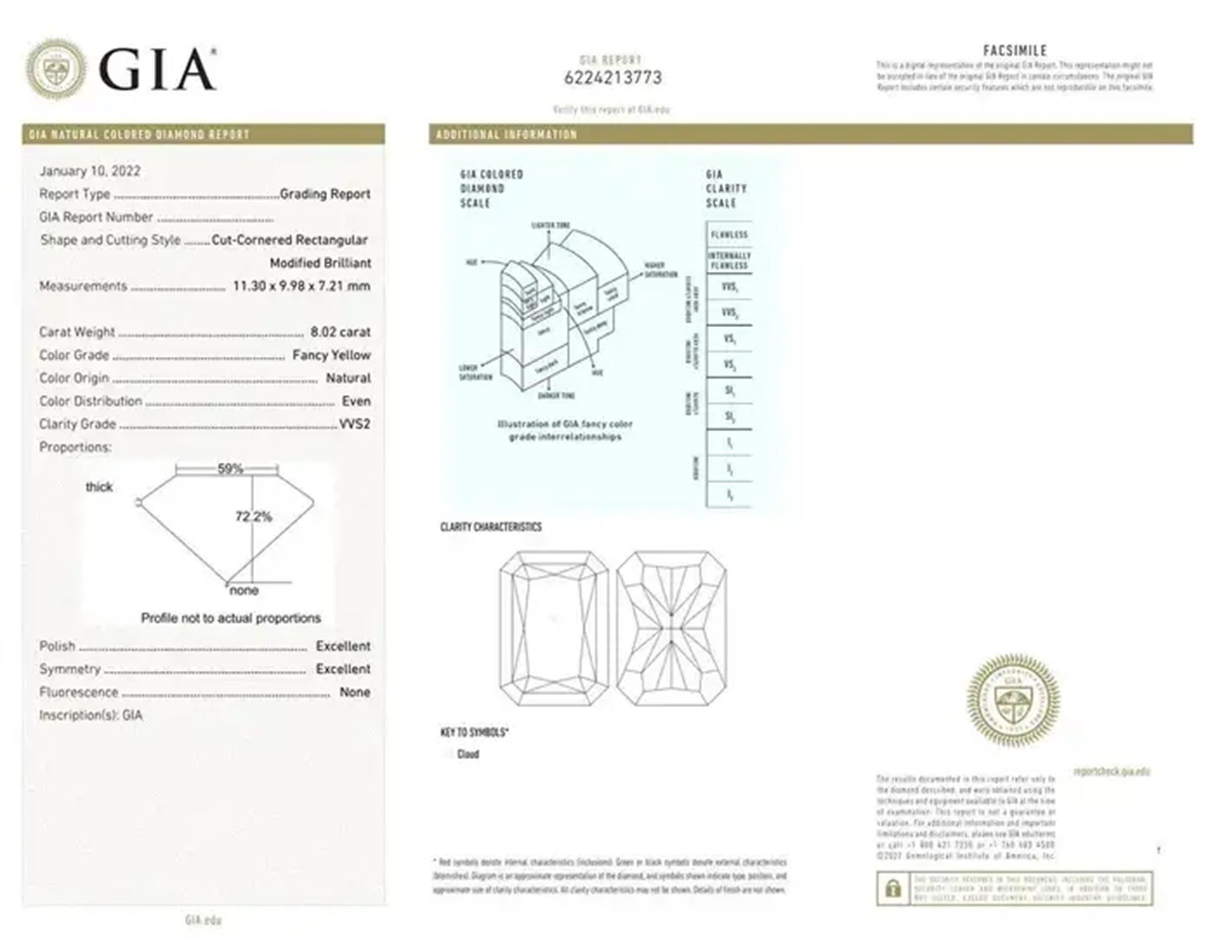 Women's or Men's GIA Certified 8 Carat Fancy Yellow Radiant Cut Diamond Ring For Sale