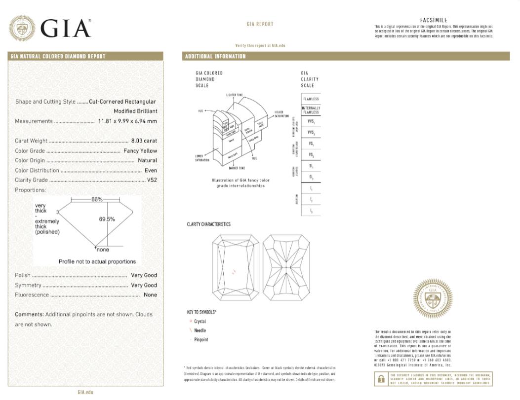 GIA Certified 8 Carat Fancy Yellow Radiant Cut Diamond Ring with Trillion Corte radiante en venta