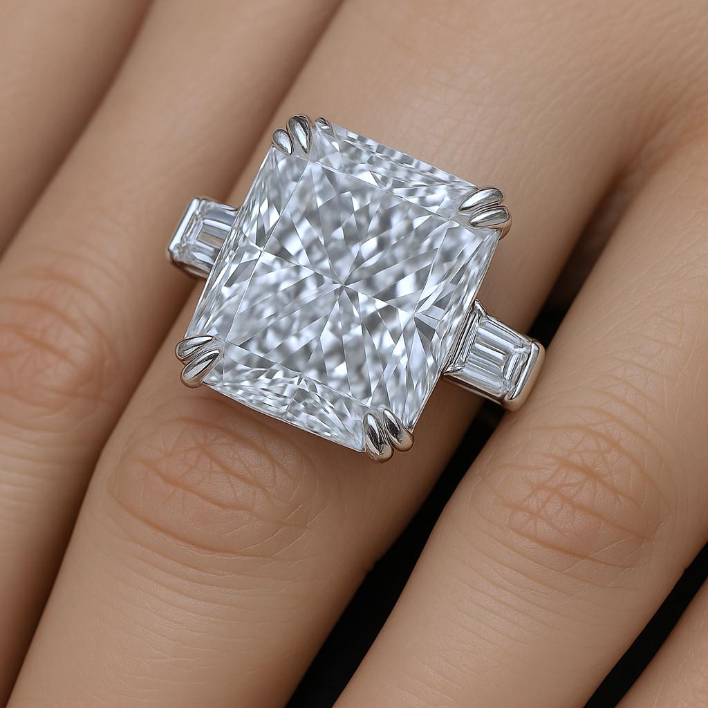 GIA Certified 8 Carat Radiant Cut E Color Diamond Engagement Platinum Ring im Zustand „Neu“ im Angebot in Chicago, IL