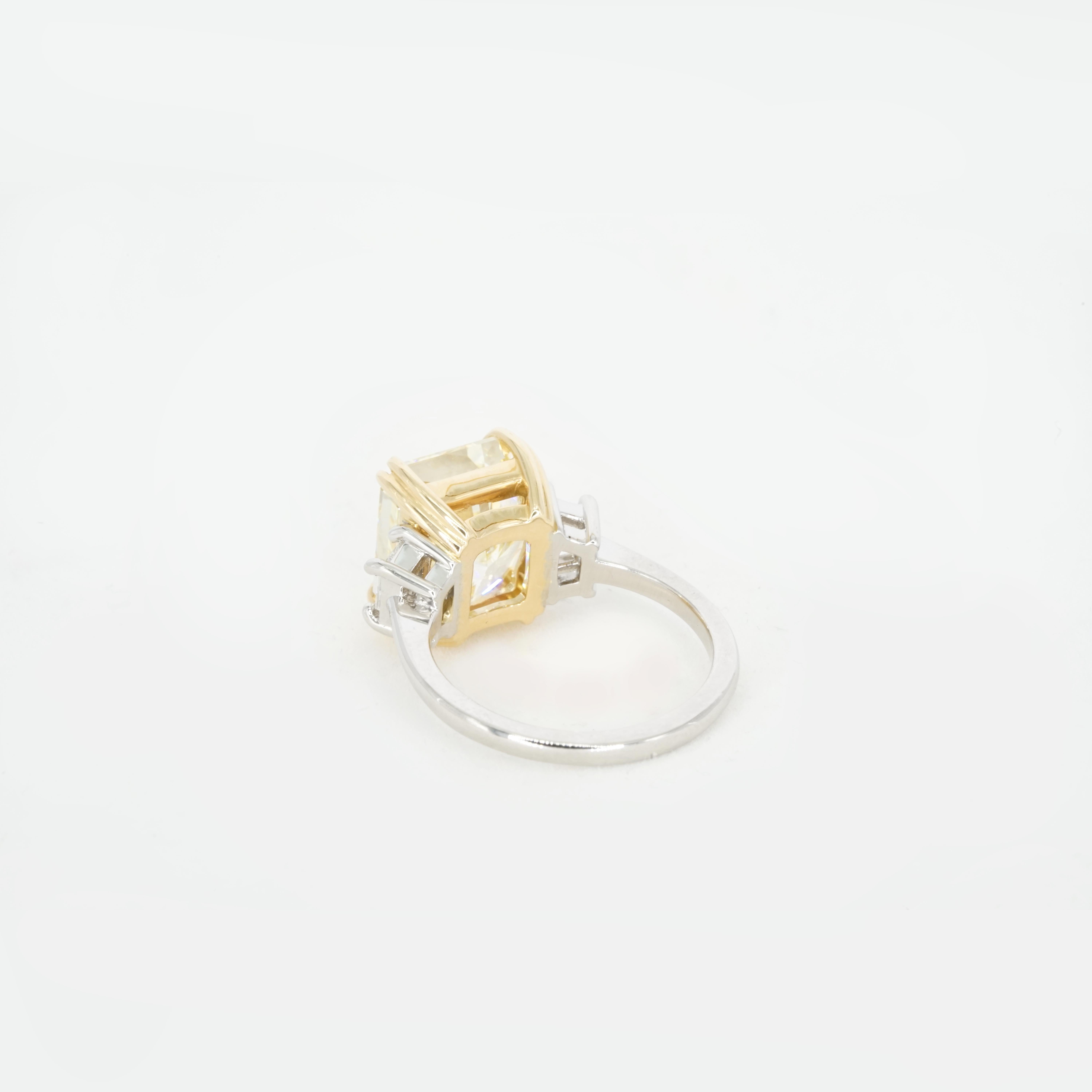 GIA Certified 8 Carat Radiant Cut Fancy Yellow Diamond Platinum 18K Gold Ring In New Condition For Sale In Chicago, IL