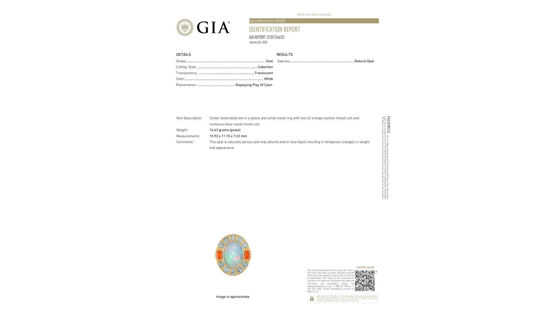 GIA Certified 8 Carat White Opal With Orange Garnet & Aquamarine Halo Ring For Sale 3