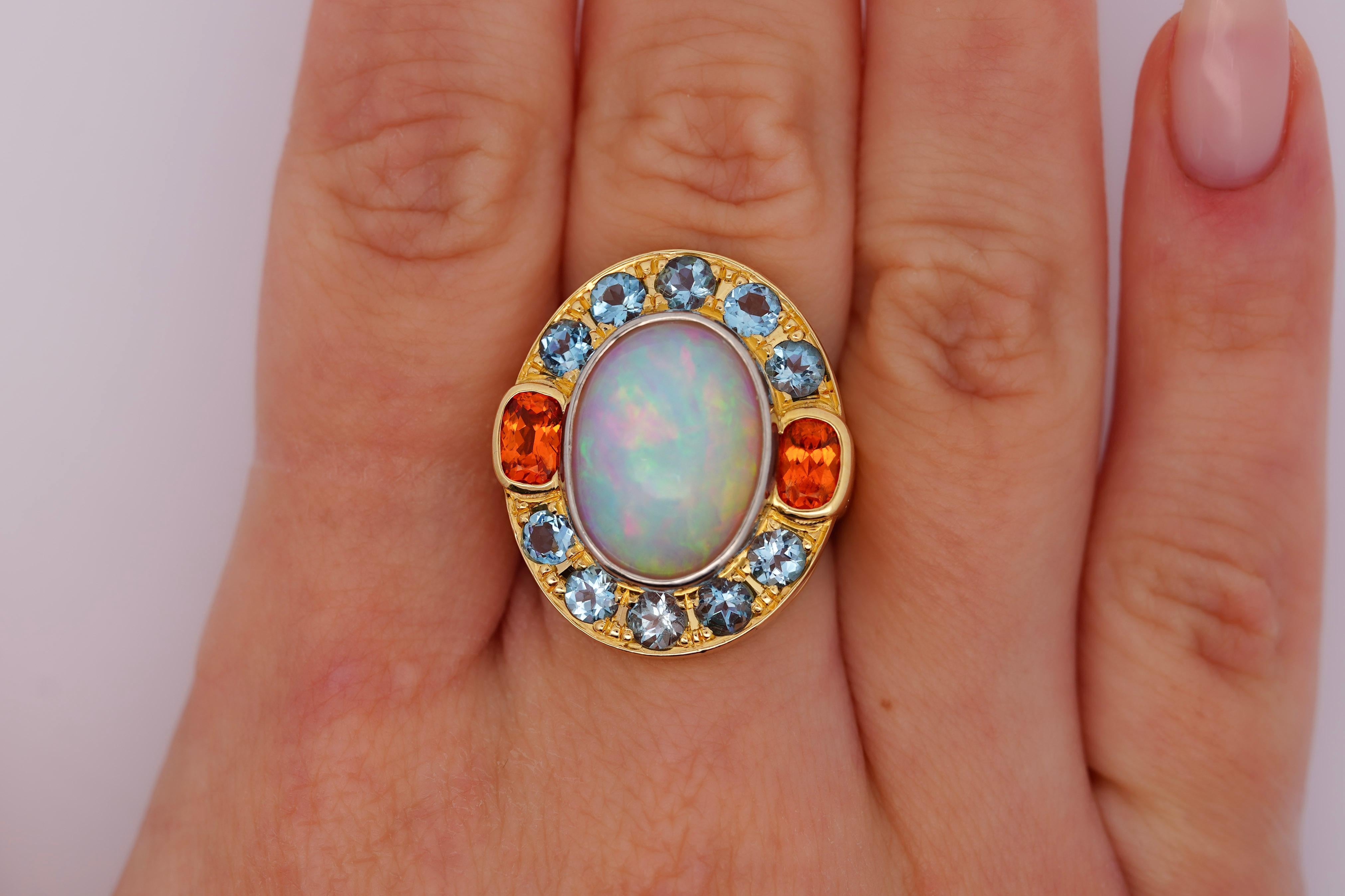 Art Deco GIA Certified 8 Carat White Opal With Orange Garnet & Aquamarine Halo Ring For Sale