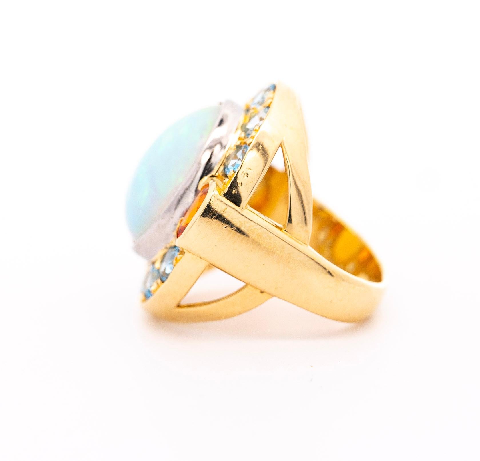 GIA Certified 8 Carat White Opal With Orange Garnet & Aquamarine Halo Ring For Sale 3