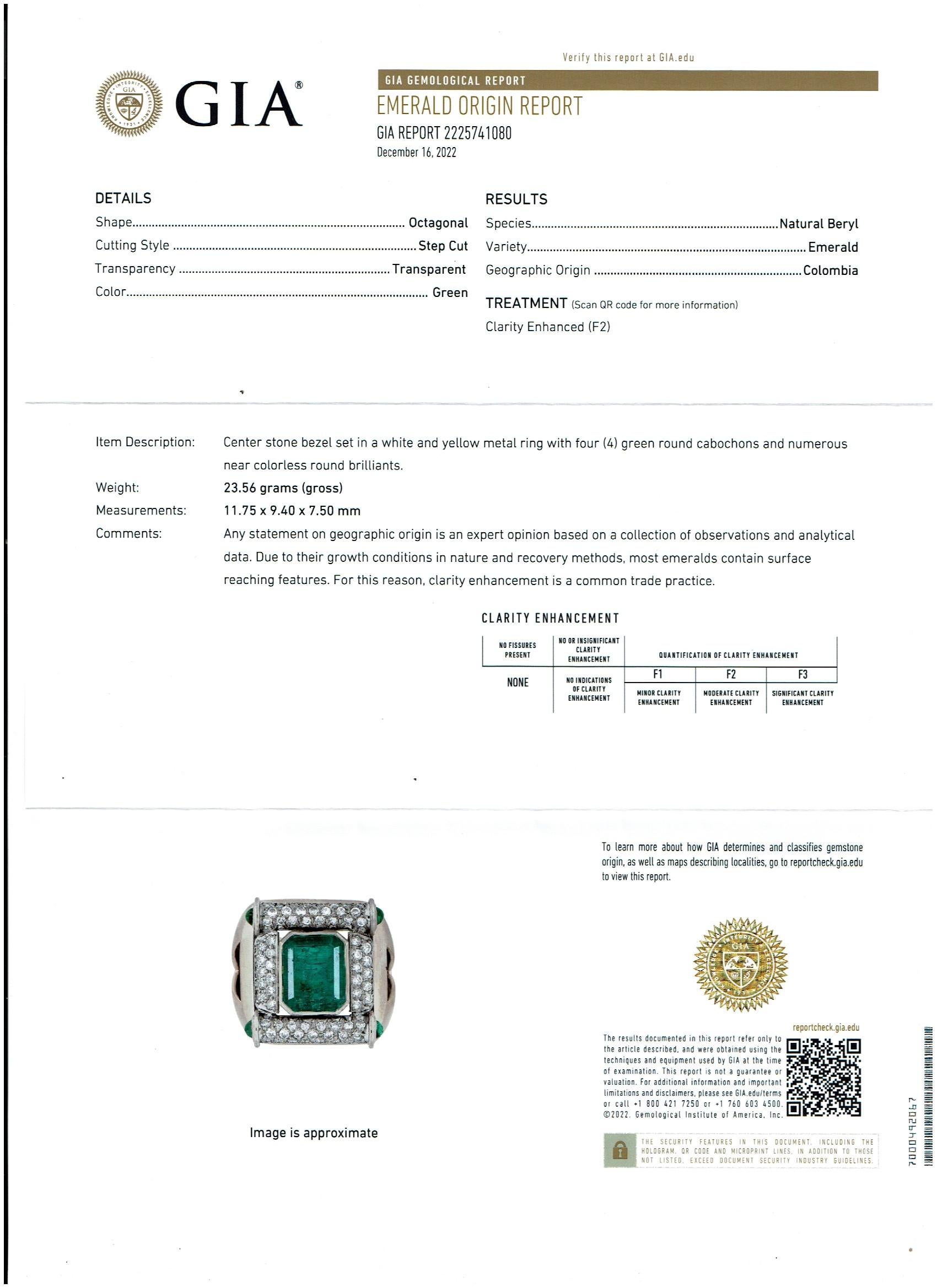 Ein klassischer Unisex-Ring
Ungefähr8 Karat Smaragdschliff Kolumbianischer Smaragd 
GIA zertifiziert , F2 
GIA-Zertifikat Bericht # 22257441080
 Diamanten: 68 Stück, ca. 2,5 Karat 
Gold  24 Gramm, Gewicht des Rings
Smaragd: 8 Karat 
GIA zertifiziert