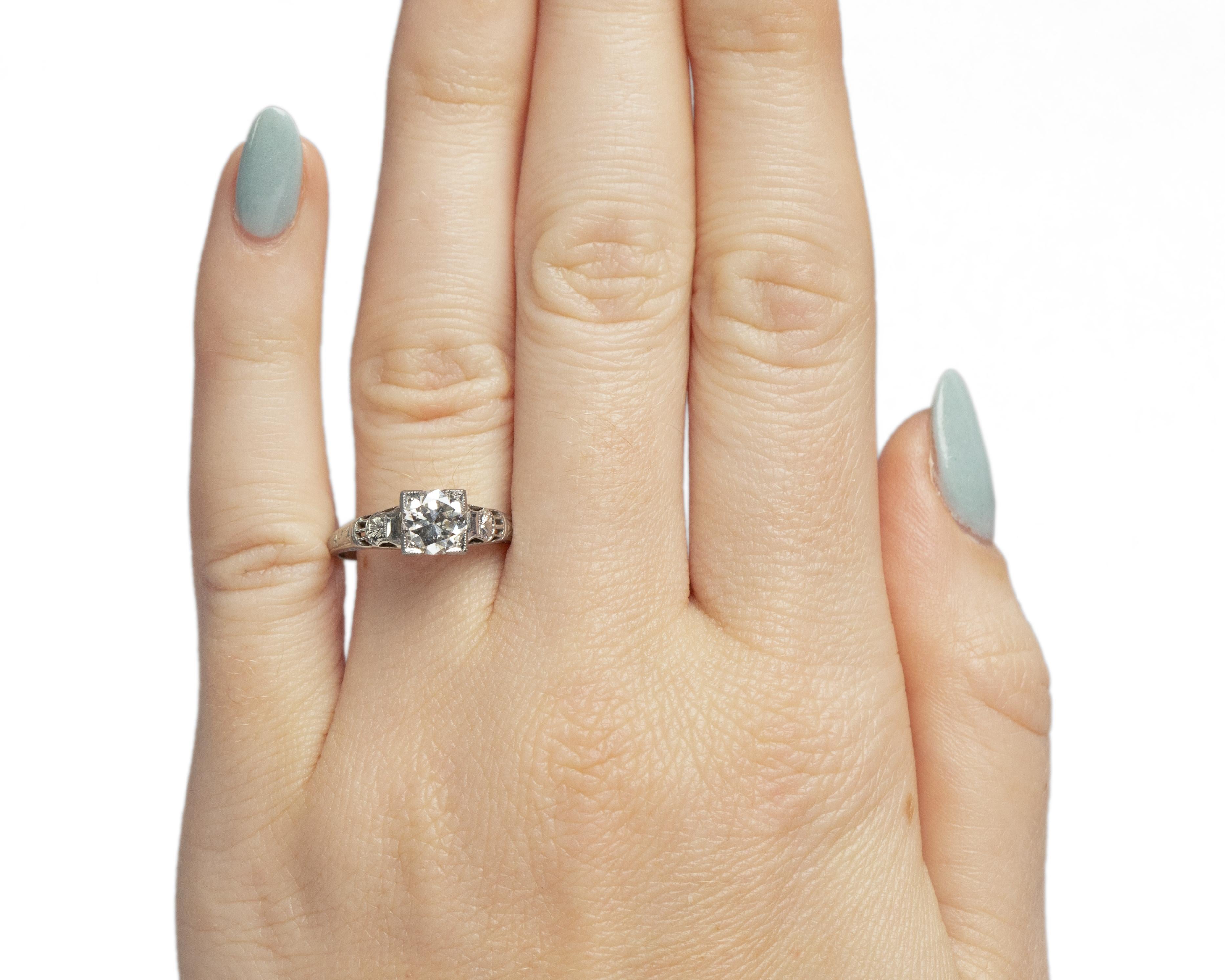 GIA Certified .80 Carat Art Deco Diamond 18 Karat White Gold Engagement Ring For Sale 1