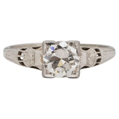 GIA Certified .80 Carat Art Deco Diamond 18 Karat White Gold Engagement Ring