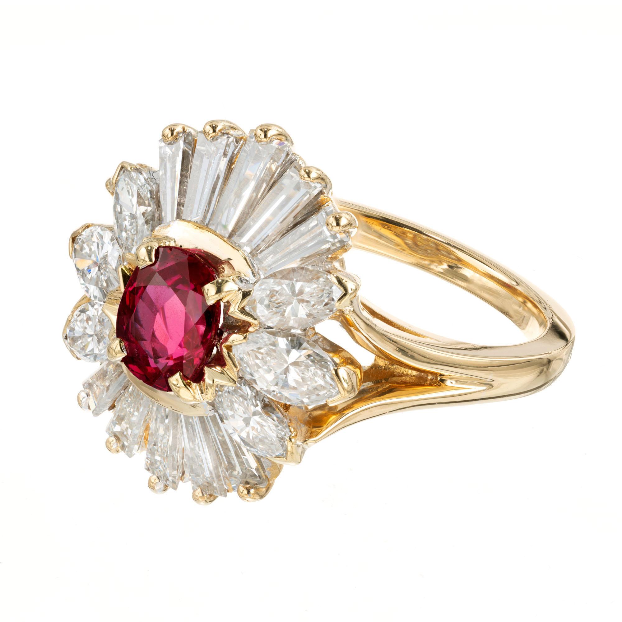 Estate 1960 bright red ruby 18k yellow gold cocktail ring. GIA certified natural ruby simple heat only surrounded by marquise and baguette diamonds. 

1 oval red ruby SI, approx. .80ct GIA Certificate # 2205398694
6 marquise shape diamonds G-H