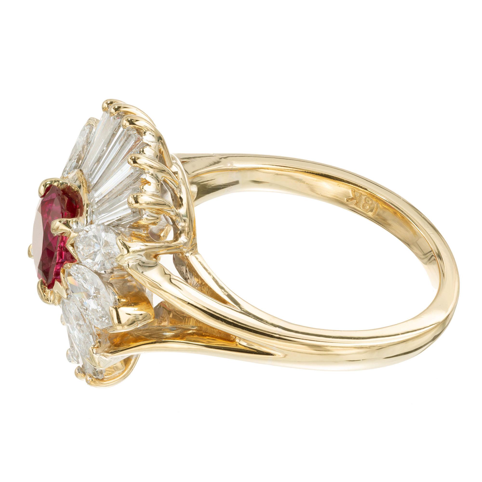 Oval Cut GIA Certified .80 Carat Ruby Diamond Yellow Gold Cluster Cocktail Ring For Sale