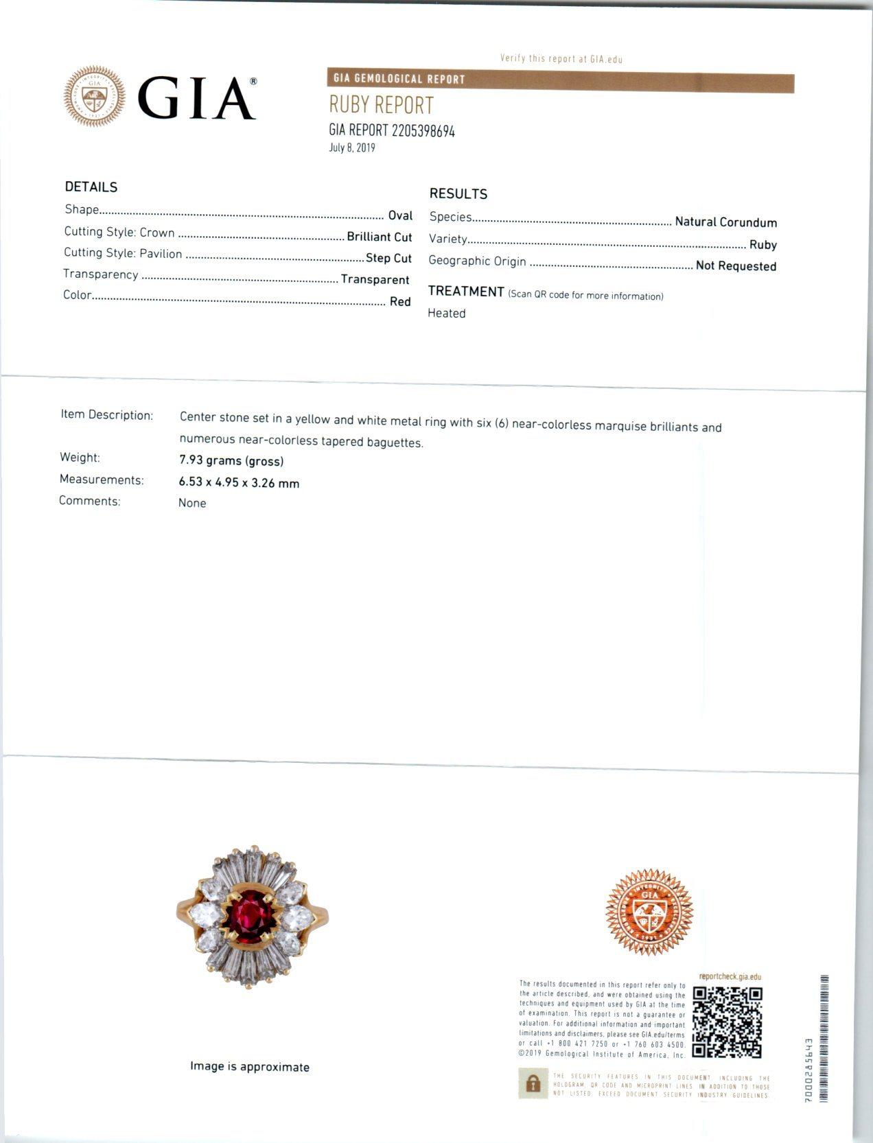 GIA-zertifizierter 0,80 Karat Rubin-Diamant-Cluster-Cocktailring aus Gelbgold im Angebot 1
