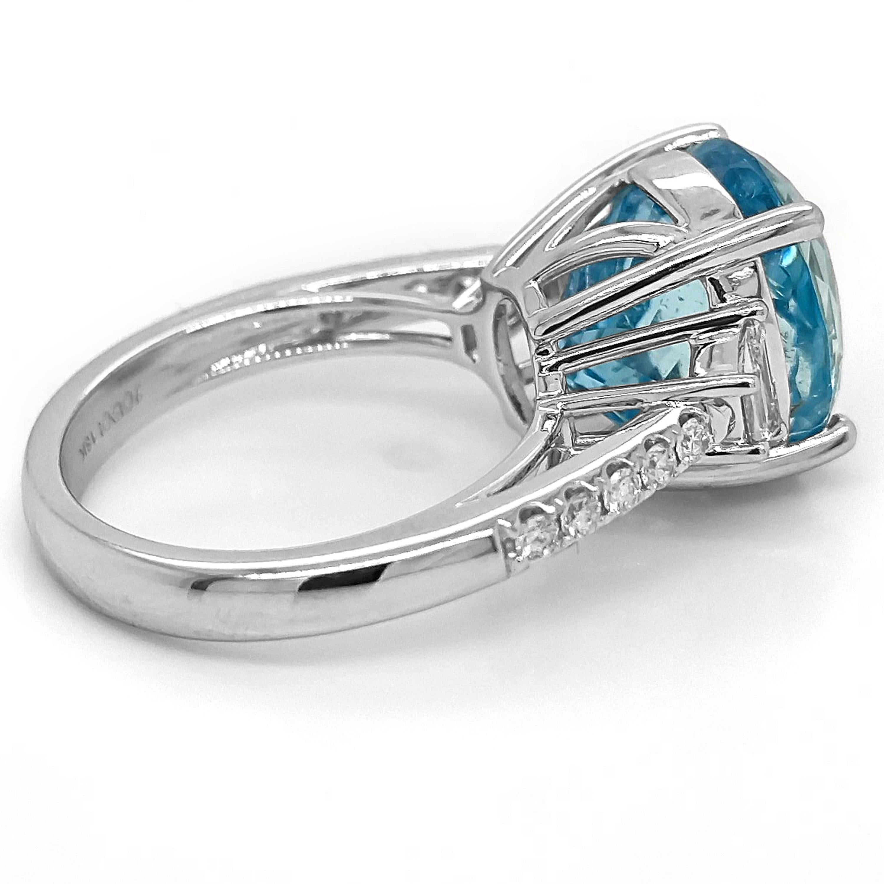 1 Aquamarine Gemstone: 7.57 Carats
10 White Round Diamonds: 0.19 Carats
2 White Fancy Diamonds: 0.25 Carats
Metal: 18K White Gold, 6.00 Grams
GIA Certificate # 6237466190