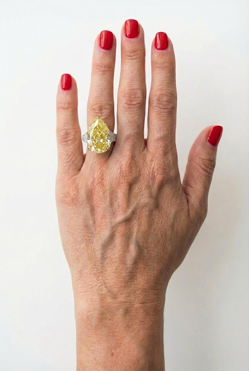 Taille poire Bague en or 18 carats certifiée GIA et ornée d'un diamant jaune fantaisie de 8,01 carats en vente
