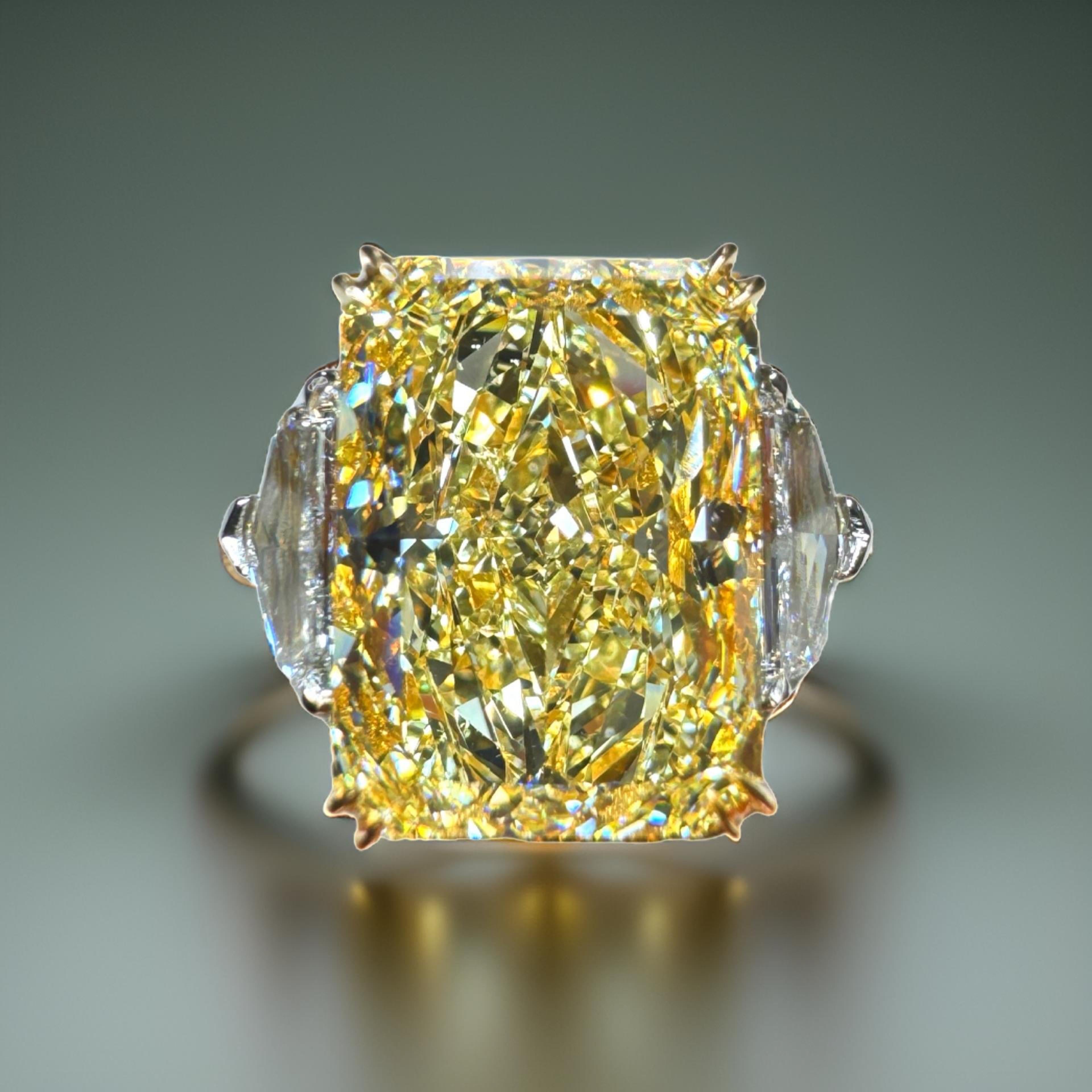 GIA Certified 8.01 Rectangular Radiant Cut Yellow Diamond Three Stone Ring For Sale 1