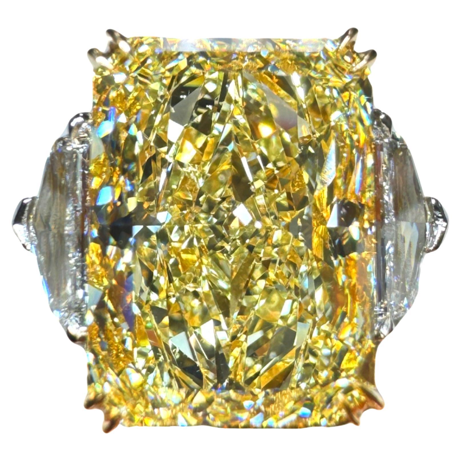 GIA Certified 8.01 Carat Rectangular Radiant Cut Yellow Diamond Three Stone Ring For Sale