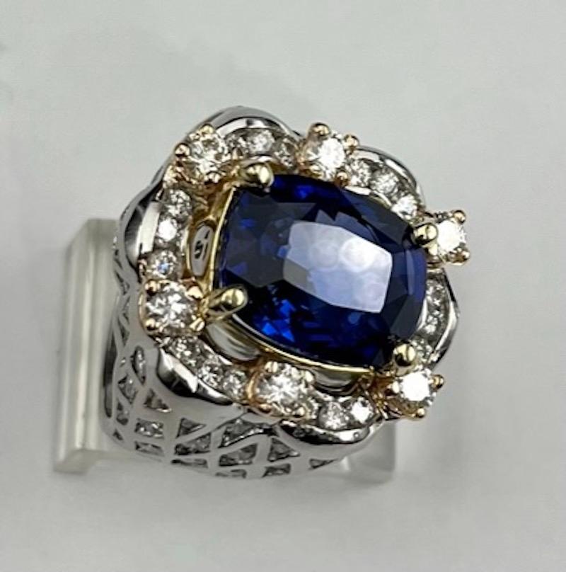 This ring is custom designed to prominently show the beauty of this magnificent gemstone. The vast majority of sapphires on the market are treated with heat to enhance their color. To find a vibrant, rich blue Sapphire of this size that is unheated