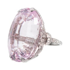 Antique GIA Certified 80.25 Carat Art Deco Oval Kunzite Diamond Platinum Ring