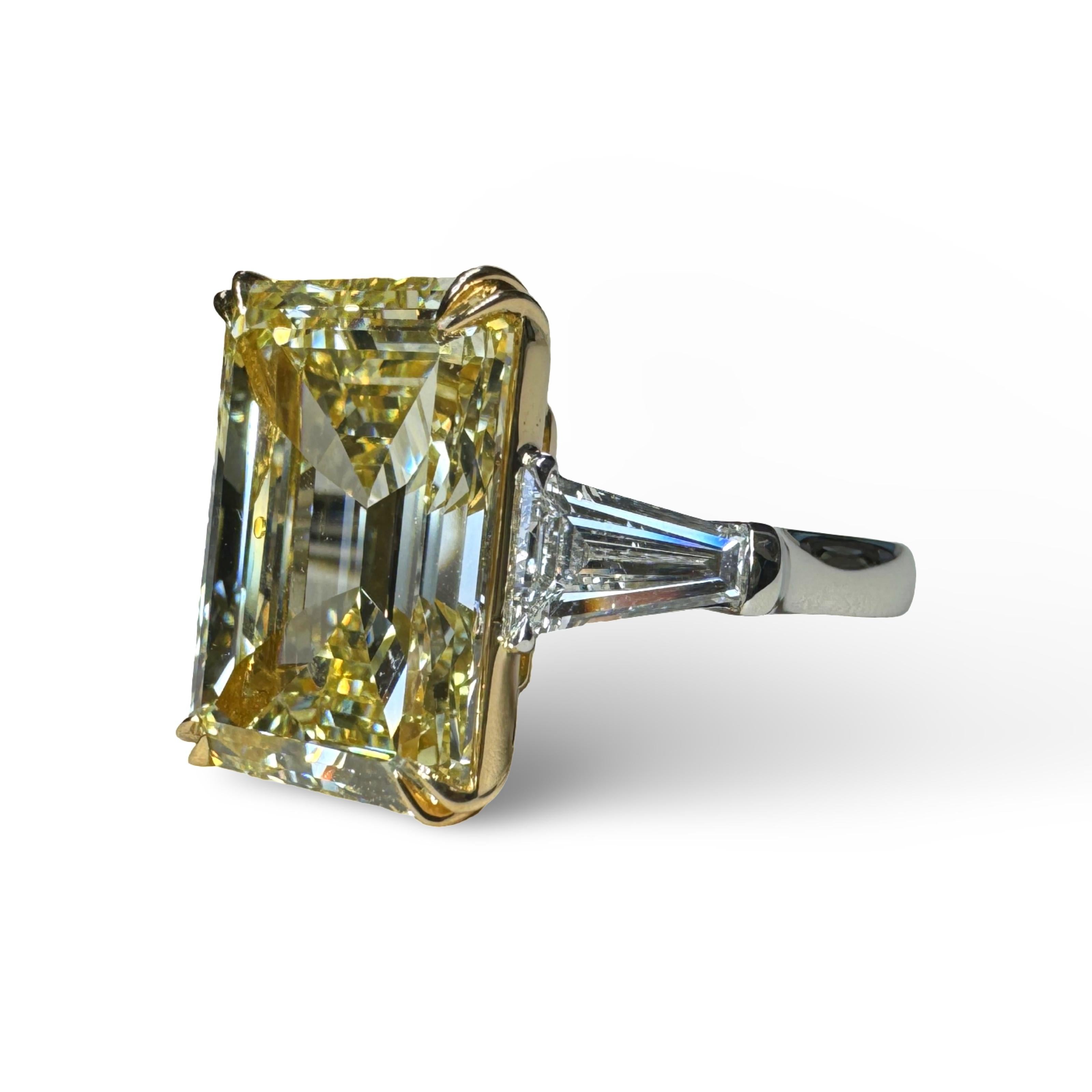 Women's or Men's GIA Certified 8.03 Carat Emerald Cut Fancy Yellow Diamond Three Stone Ring For Sale