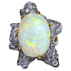 Gia Certified 8.04ct Natural Cabochon Opal Diamonds Cocktail Ring 14kt