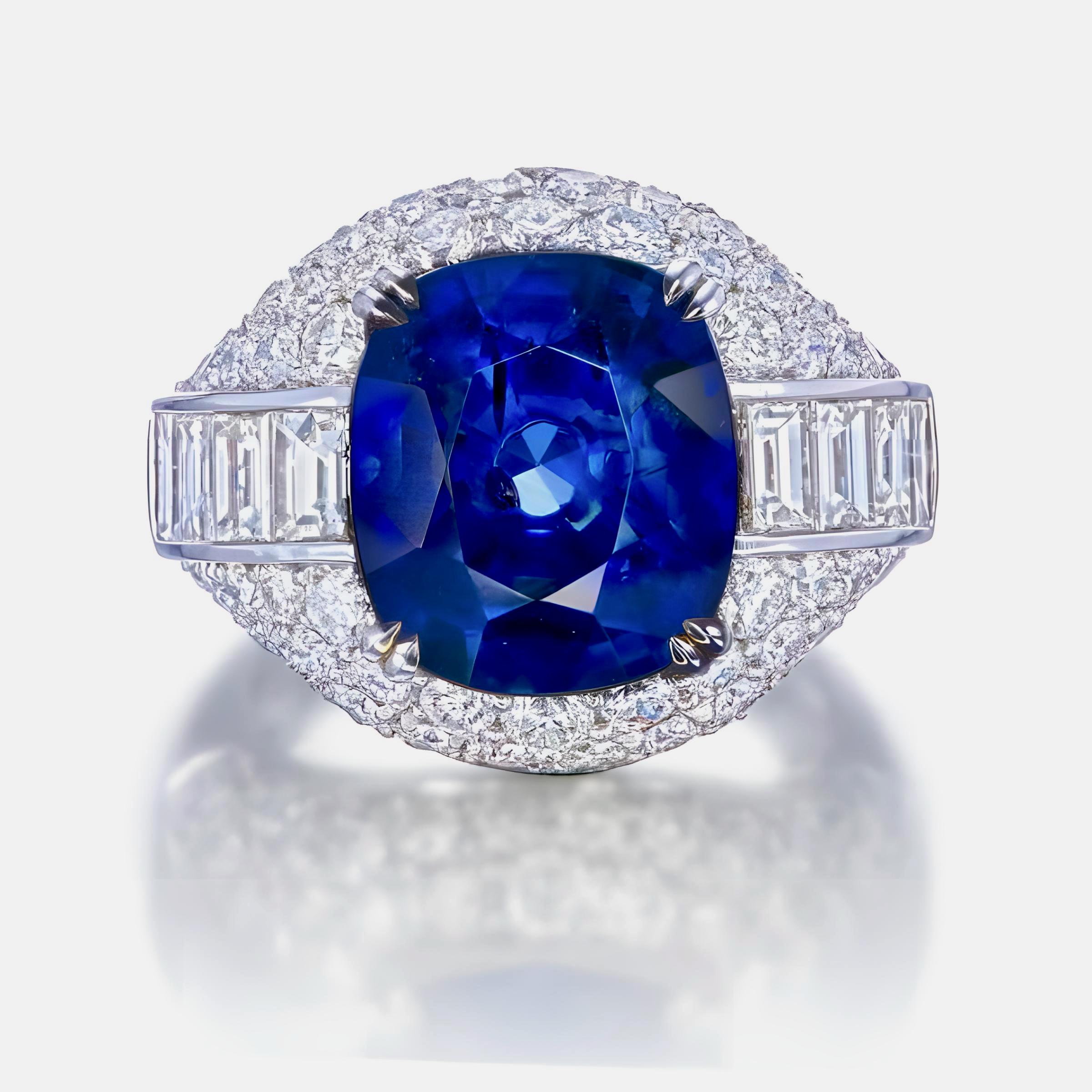 This ring features an 8.05-carat GIA-certified heated blue sapphire from Sri Lanka, cut in a classic cushion shape that highlights its rich color (certificate number GIA2507212074). Surrounding the sapphire are 2.61 carats of round-cut diamonds and