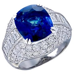 GIA Certified 8.05 Ct Sri Lanka Calentado Cushion Cut Blue Sapphire Ring in 18K W/G