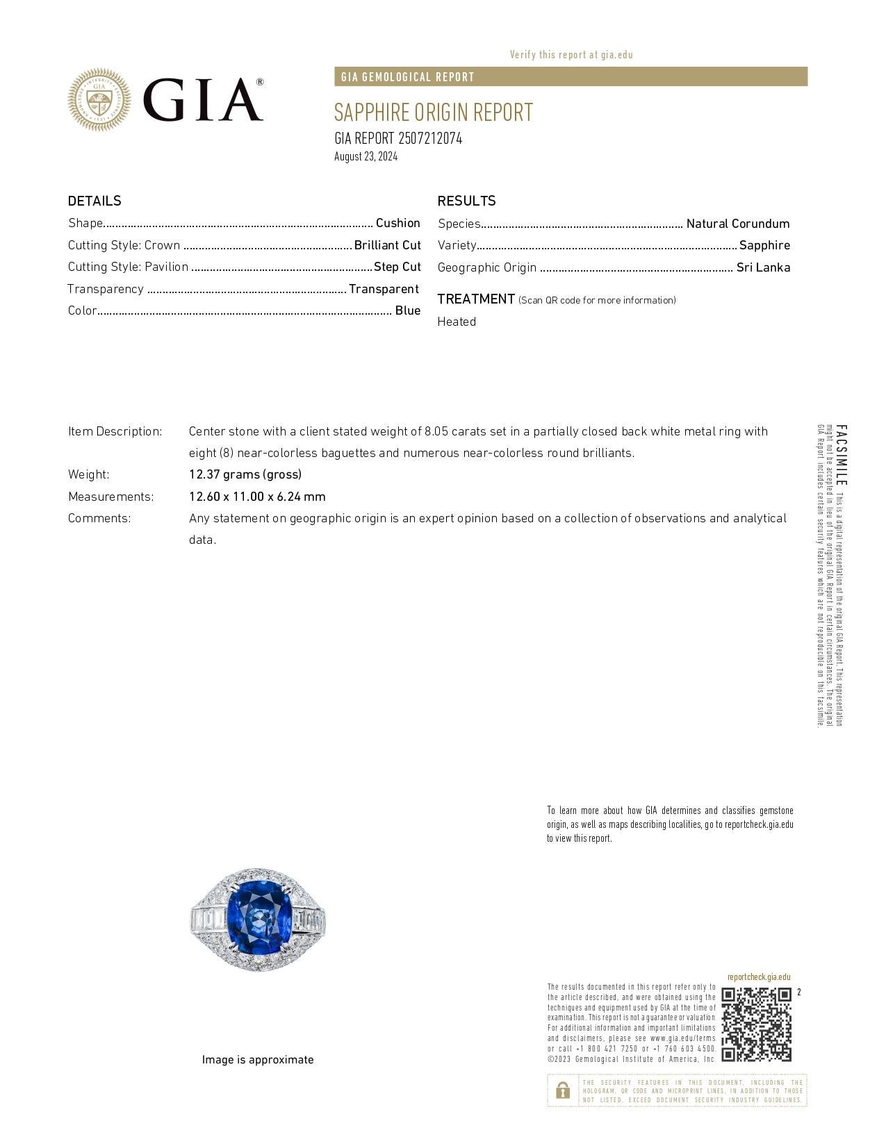 GIA Certified 8.05 Ct Sri Lanka Heated Cushion Cut Blue Sapphire Ring in 18K W/G For Sale 1