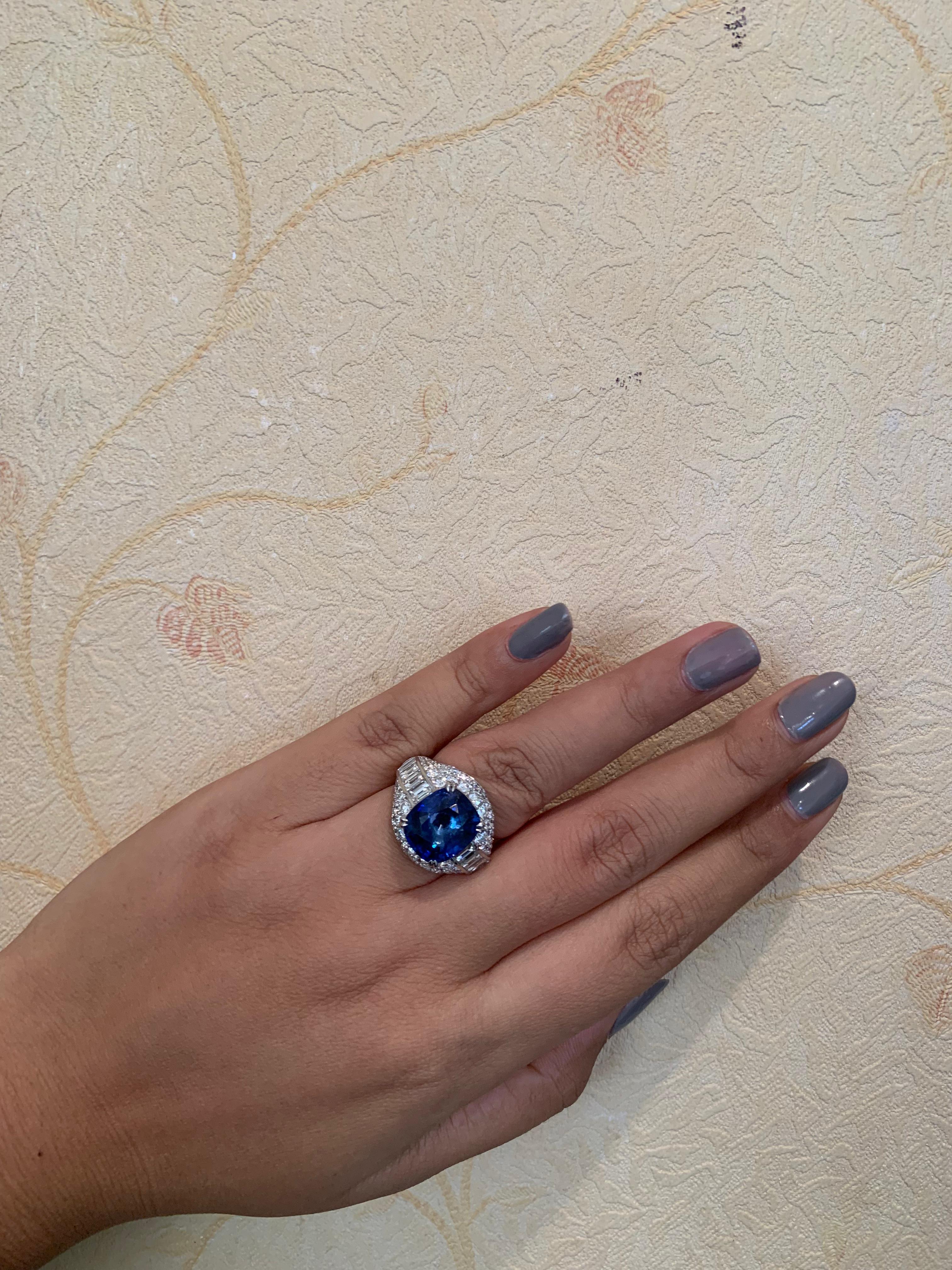 GIA Certified 8.05 Ct Sri Lanka Heated Cushion Cut Blue Sapphire Ring in 18K W/G For Sale 2