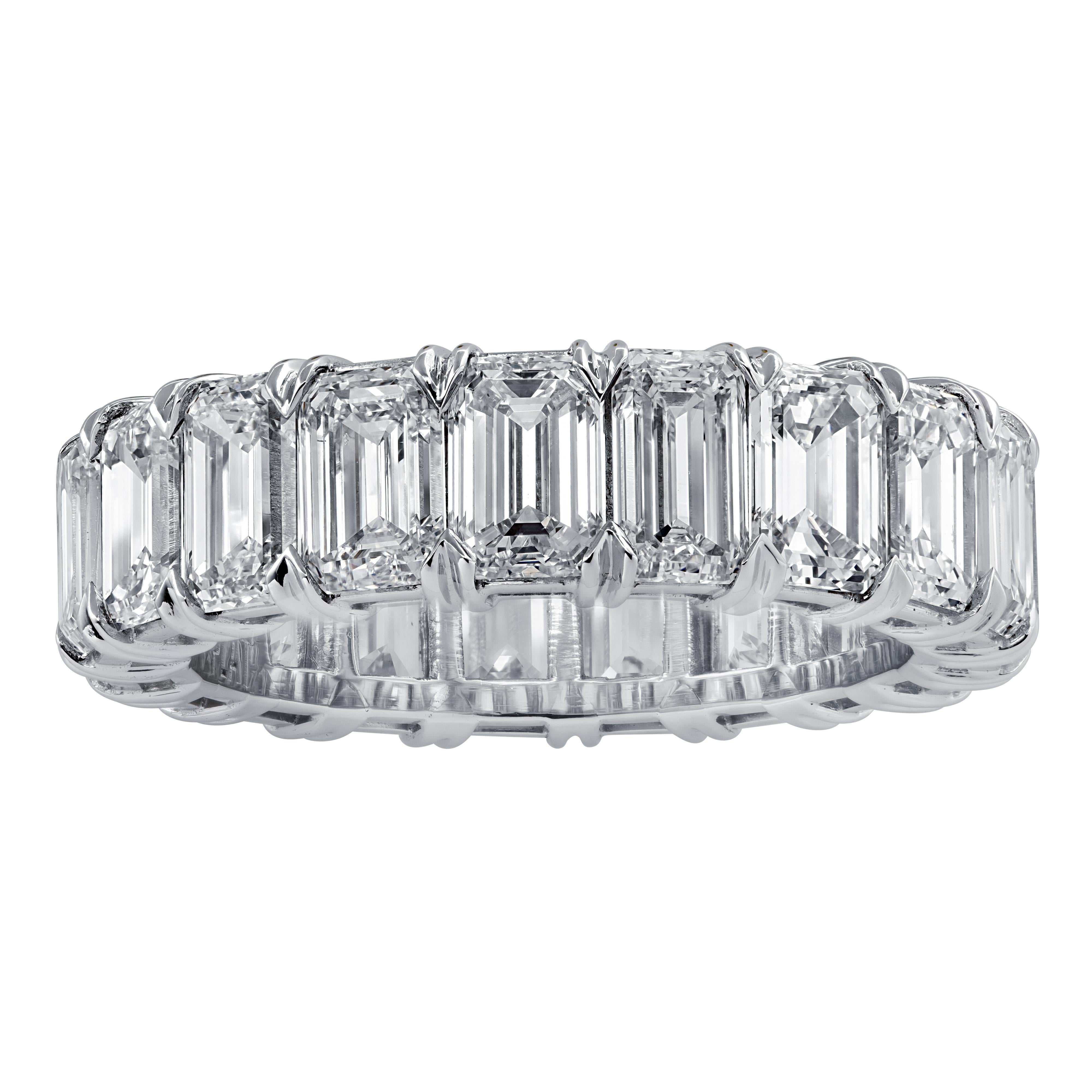 Exquisite eternity band crafted by hand in Platinum, showcasing 19 stunning GIA Certified emerald cut diamonds weighing 8.06 carats total, D-F color, IF-VS2 clarity. Each diamond is carefully selected, perfectly matched and set in a seamless sea of