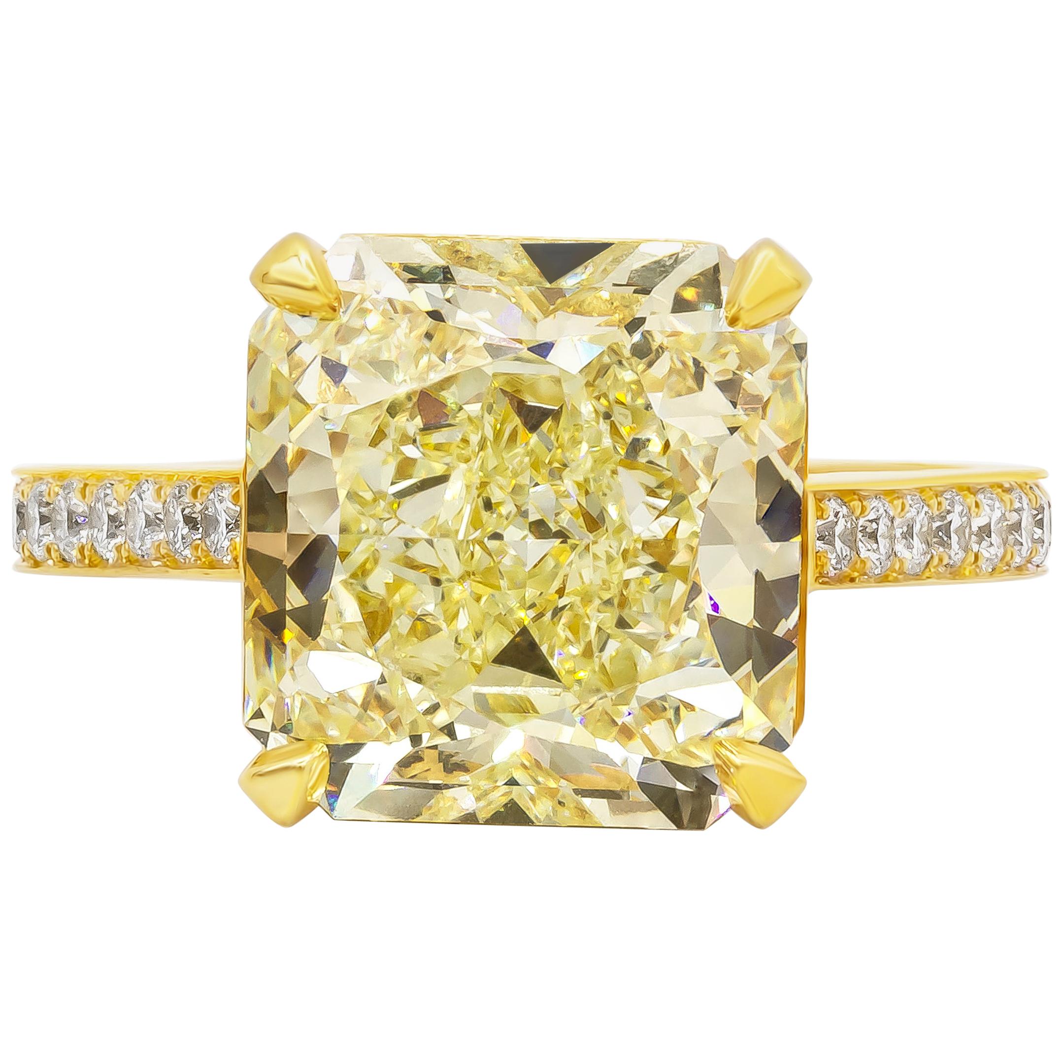 Roman Malakov 8.07 Carat Radiant Cut Yellow Diamond Pave Engagement Ring For Sale