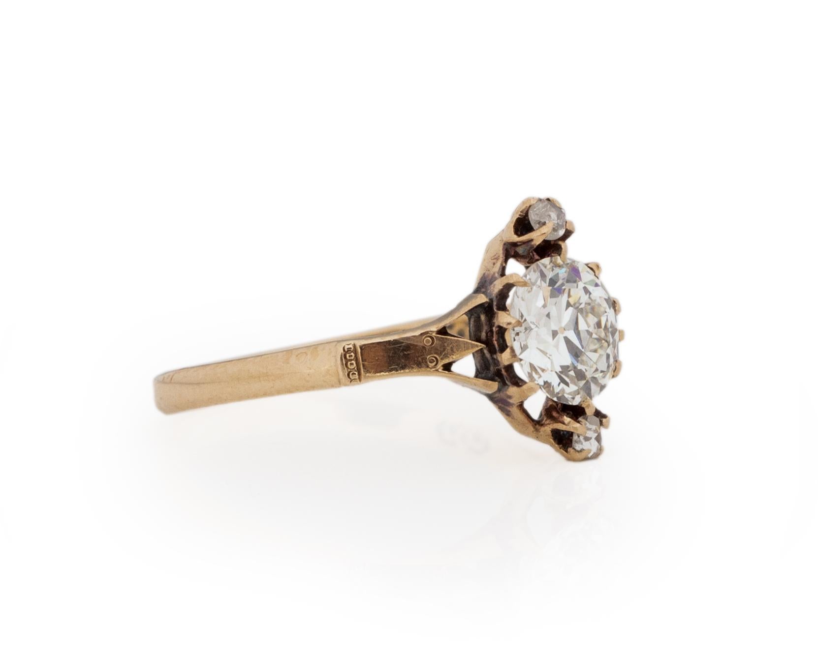 Ring Size: 5.5
Metal Type: 14Karat Yellow Gold [Hallmarked, and Tested]
Weight: 2.0 grams

Center Diamond Details:
GIA REPORT #: 6217875094
Weight: .81carat
Cut: Old European brilliant
Color: I
Clarity: VS2
Measurements: mm

Side Stone