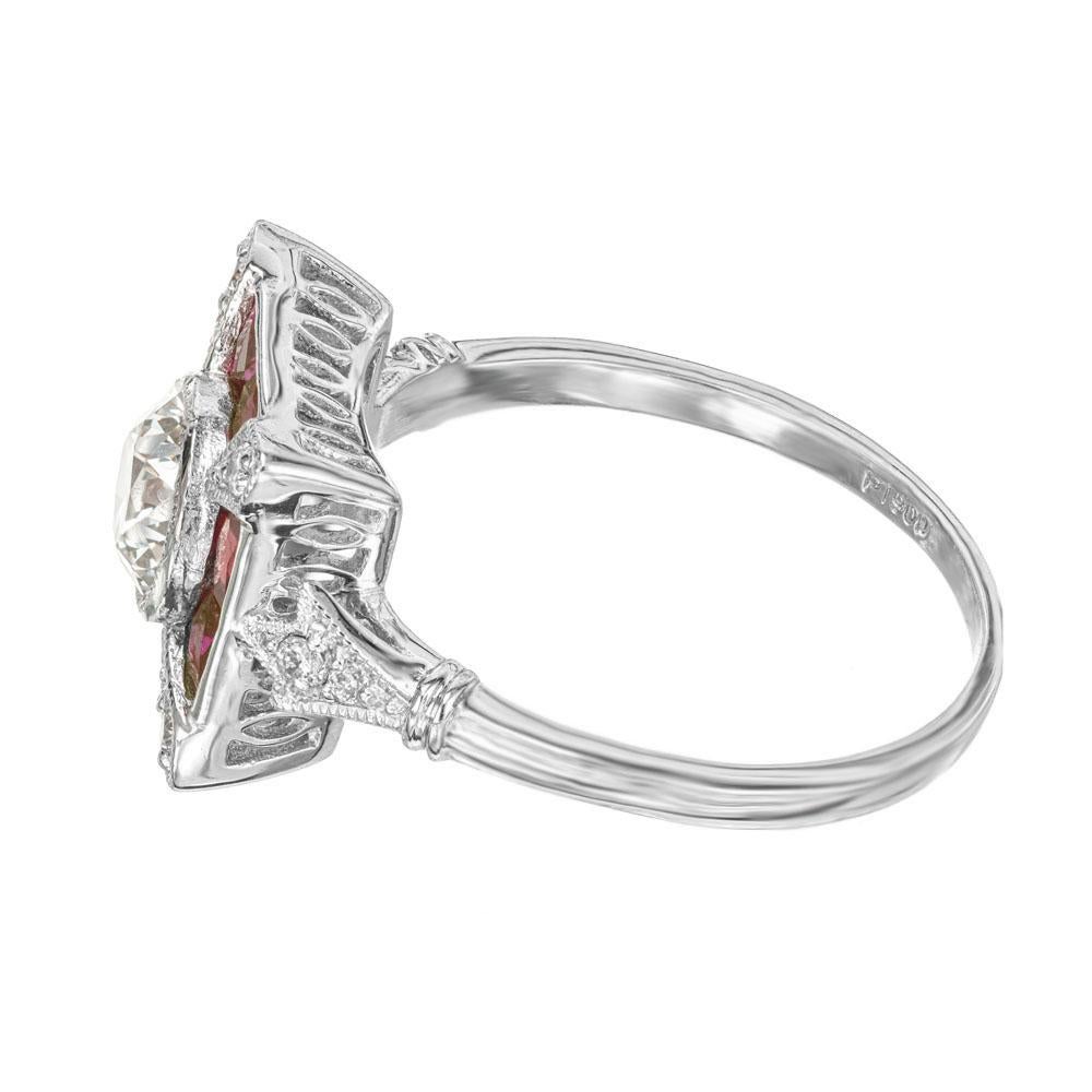 Round Cut GIA Certified .81 Carat Diamond Ruby Halo Art Deco Platinum Engagement Ring For Sale