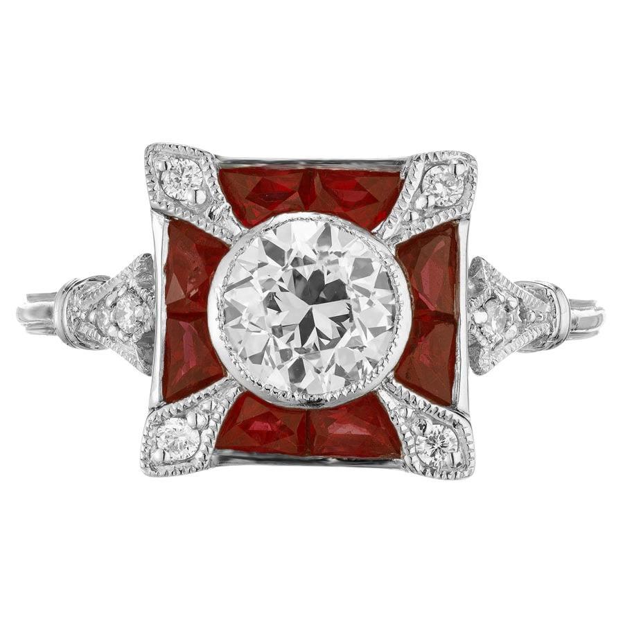 GIA Certified .81 Carat Diamond Ruby Halo Art Deco Platinum Engagement Ring For Sale