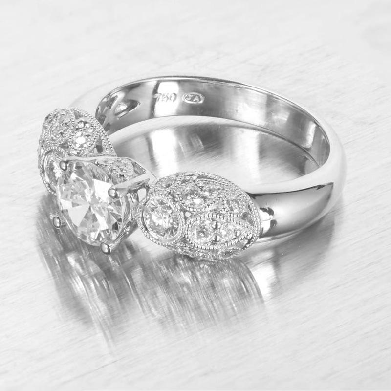 GIA Certified .81 Carat Transitional Cut Diamond Pave Gold Engagement Ring In Good Condition For Sale In Stamford, CT