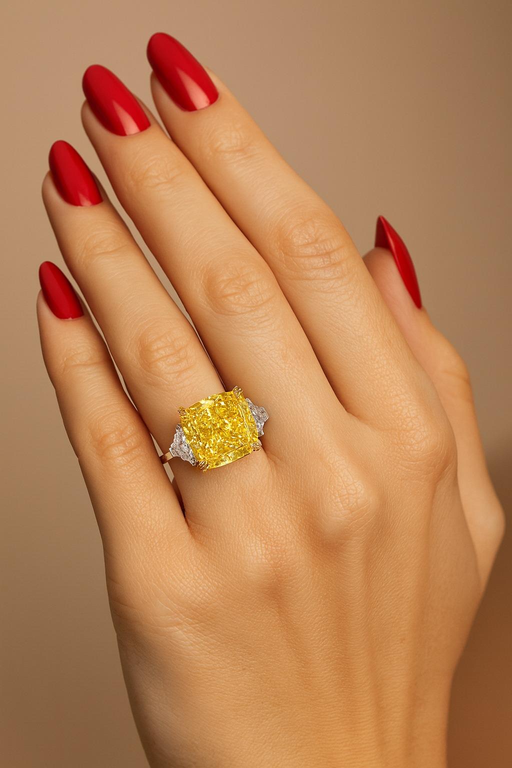 Taglio cuscino Anello con diamante Fancy Yellow VVS2 certificato GIA da 8,10 carati con Cadillac in vendita