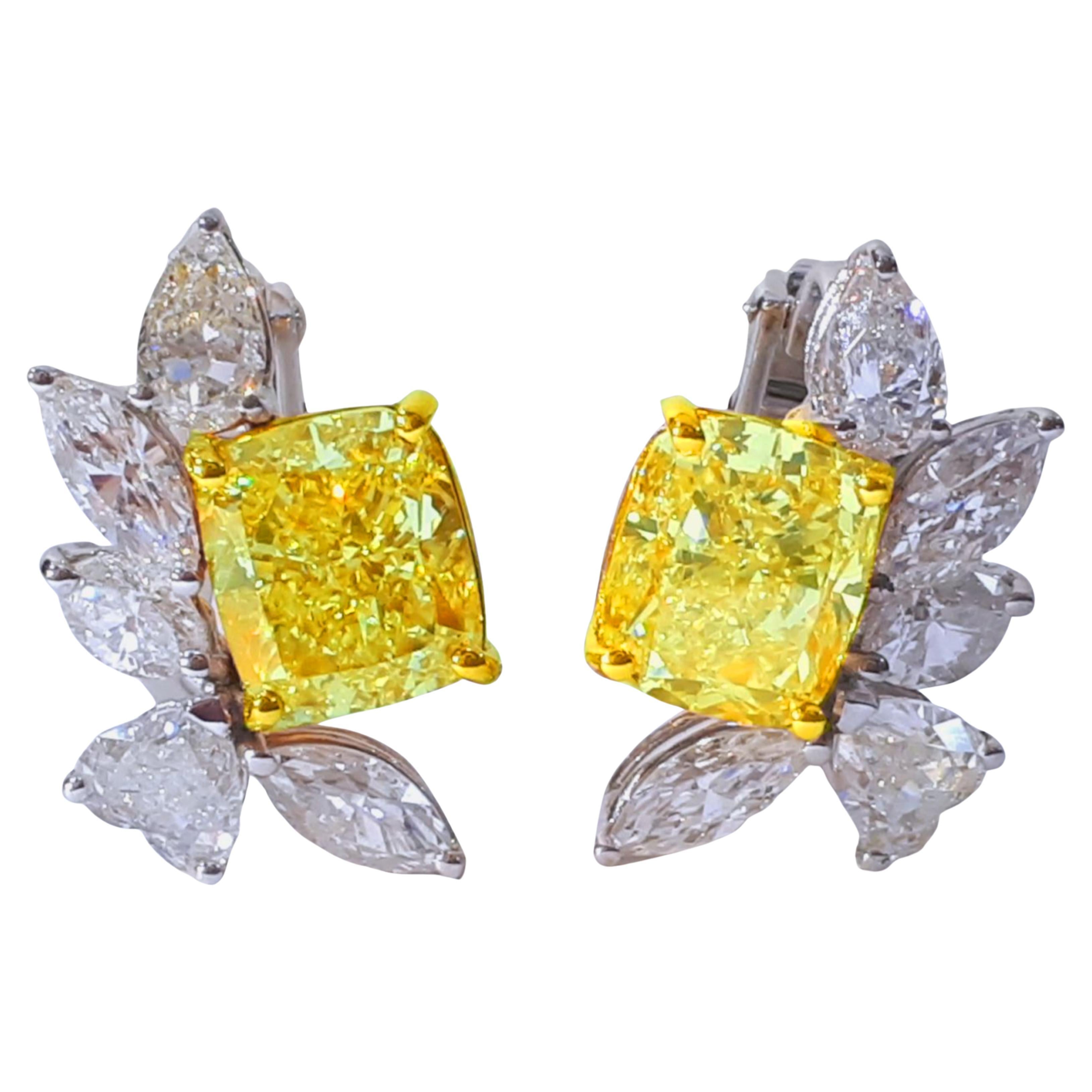 Cushion Cut GIA Certified 8.10 Yellow Diamond Earrings For Sale