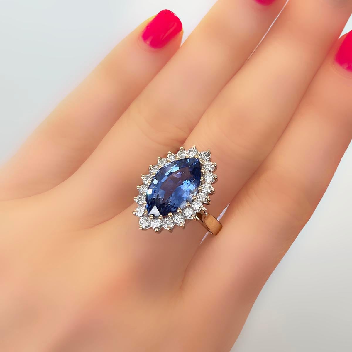 Marquise Cut GIA Certified 8.11 Carat Blue Sapphire and Diamond Cocktail Ring For Sale