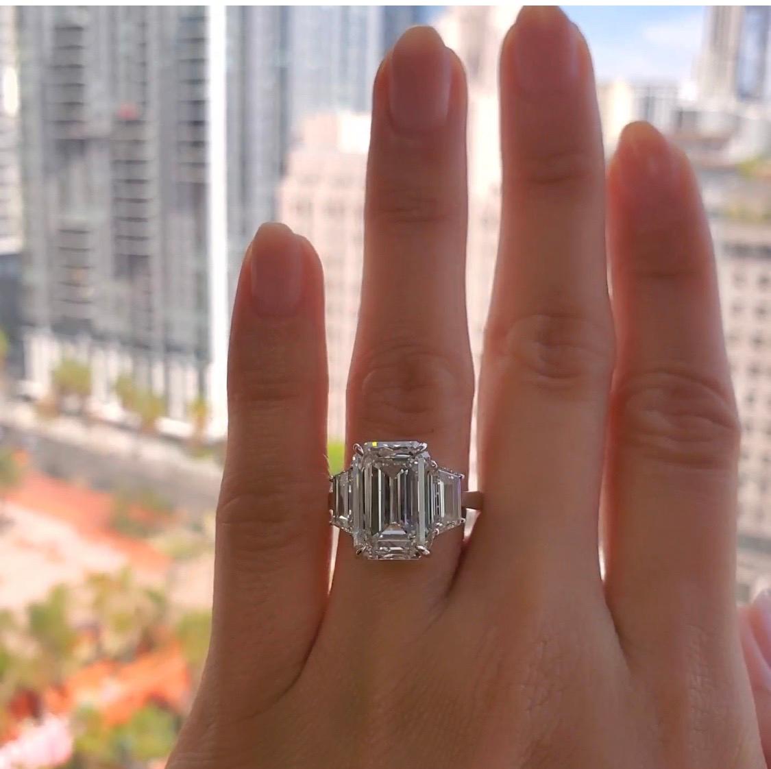 A Stunning Natural Diamond Platinum Engagement Ring. 

The centerstone is an 8.11 carat Natural Emerald Cut Diamond GIA certified as an H in color and VS2 in clarity. The inclusions are very pleasant and the polish and symmetry are very good. The