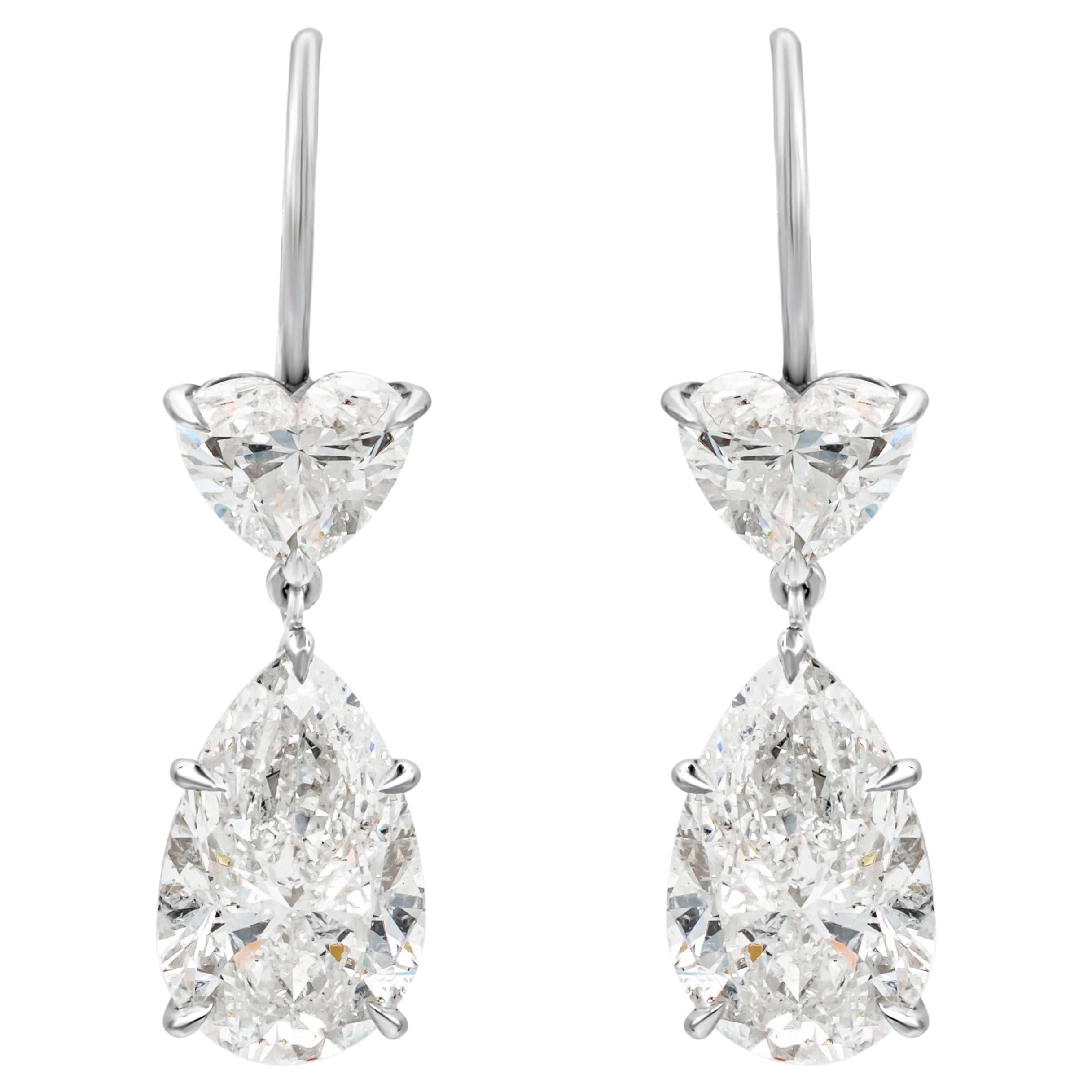 GIA Certified 8.11 Carats Total Pear and Heart Shape Diamond Dangle Earrings