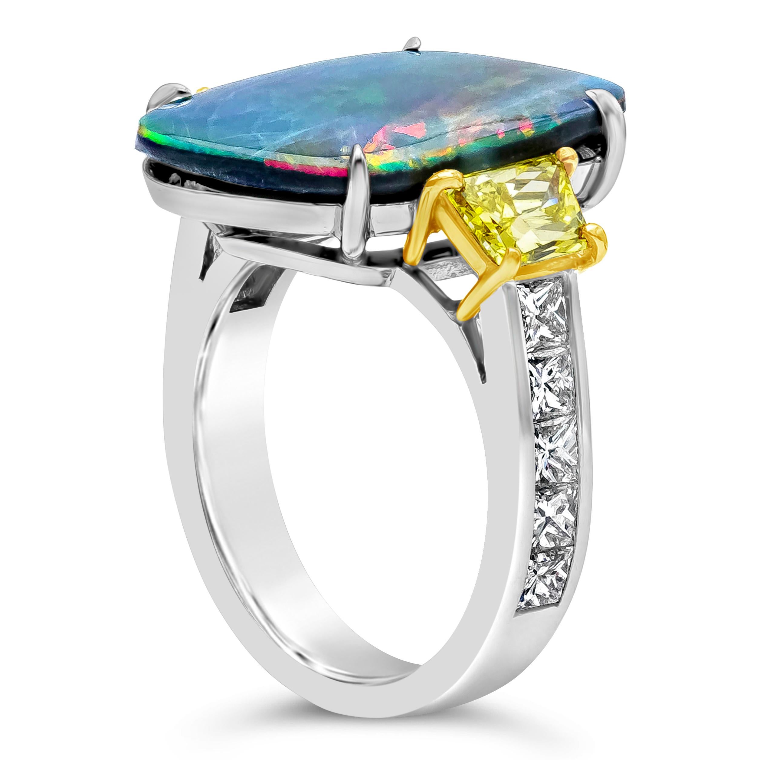 Women's GIA Certified 8.12 Carat Total Fancy Yellow Diamond & Black Australian Opal Ring For Sale