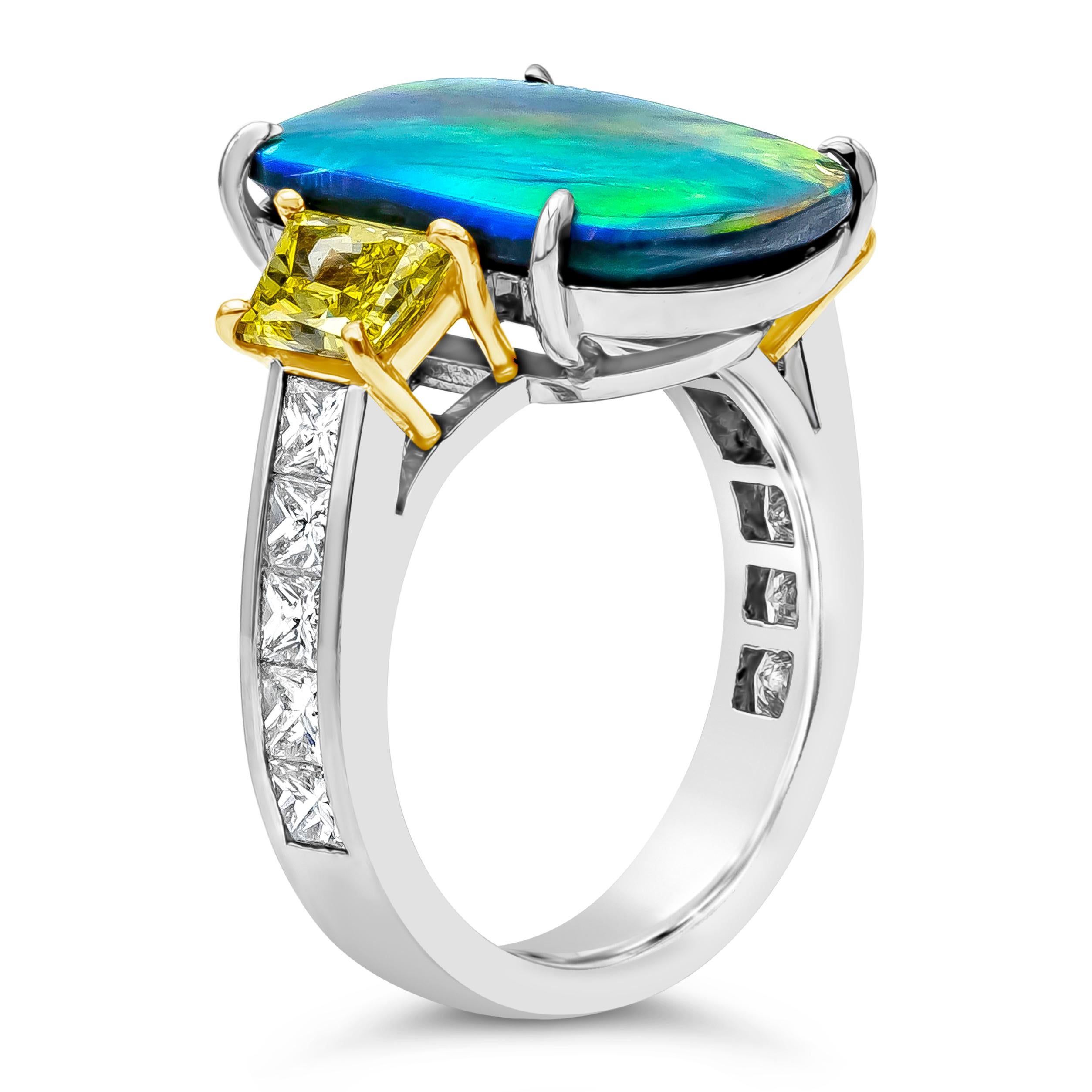 GIA Certified 8.12 Carat Total Fancy Yellow Diamond & Black Australian Opal Ring For Sale 2