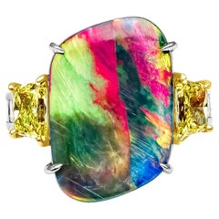 GIA Certified 5.75 Carats Natural Black Opal & Yellow Diamond Fashion Ring