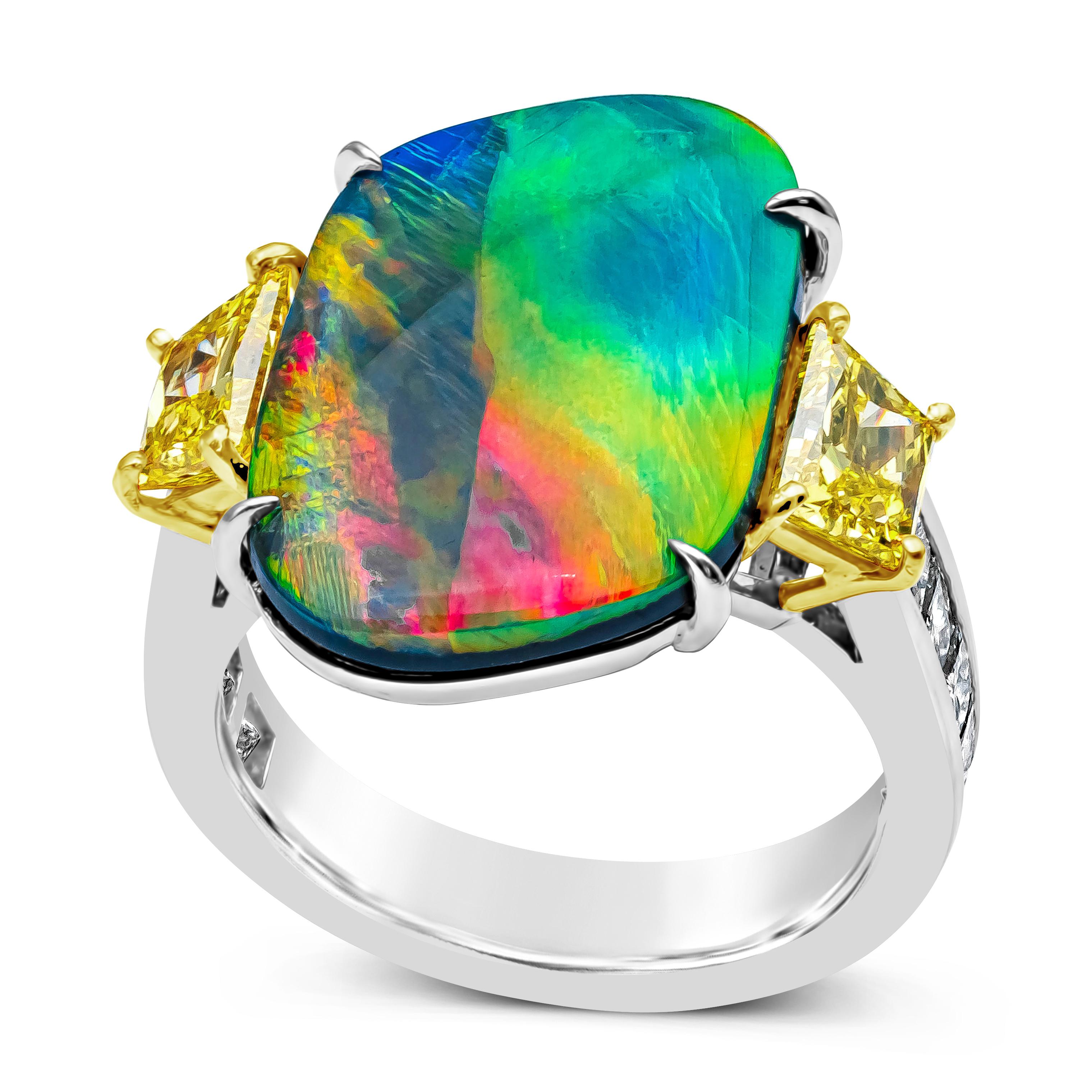 Contemporary GIA Certified 8.12 Carat Total Fancy Yellow Diamond & Black Australian Opal Ring For Sale