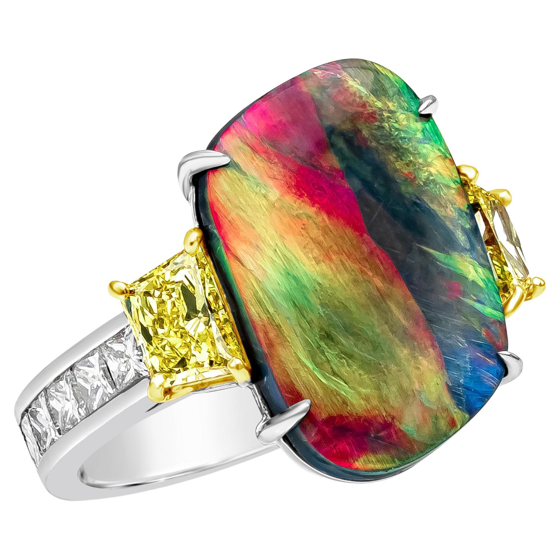 Mixed Cut GIA Certified 5.75 Carats Natural Black Opal & Yellow Diamond Fashion Ring For Sale