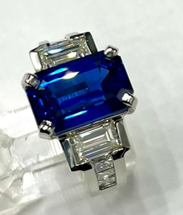 Contemporary GIA Certified 8.12Ct Very Fine Emerald Cut Blue Ceylon Sapphire Ring For Sale